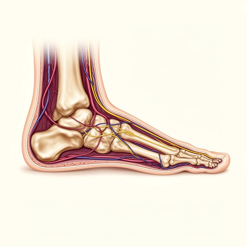 Medical illustration of foot anatomy showing bones, nerves, and blood vessels